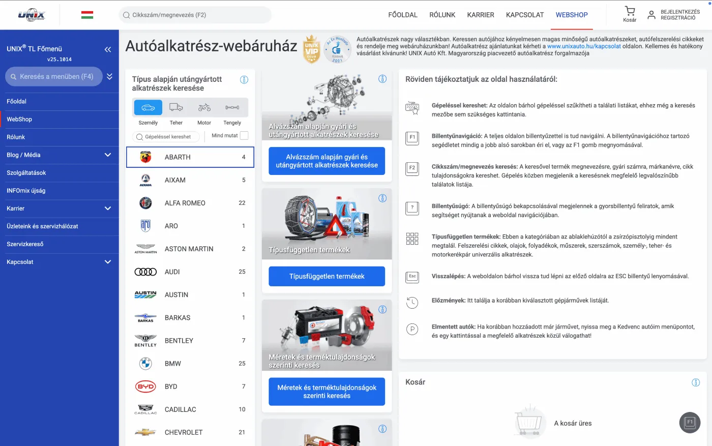 UNIX autó webáruház – 4. képernyő