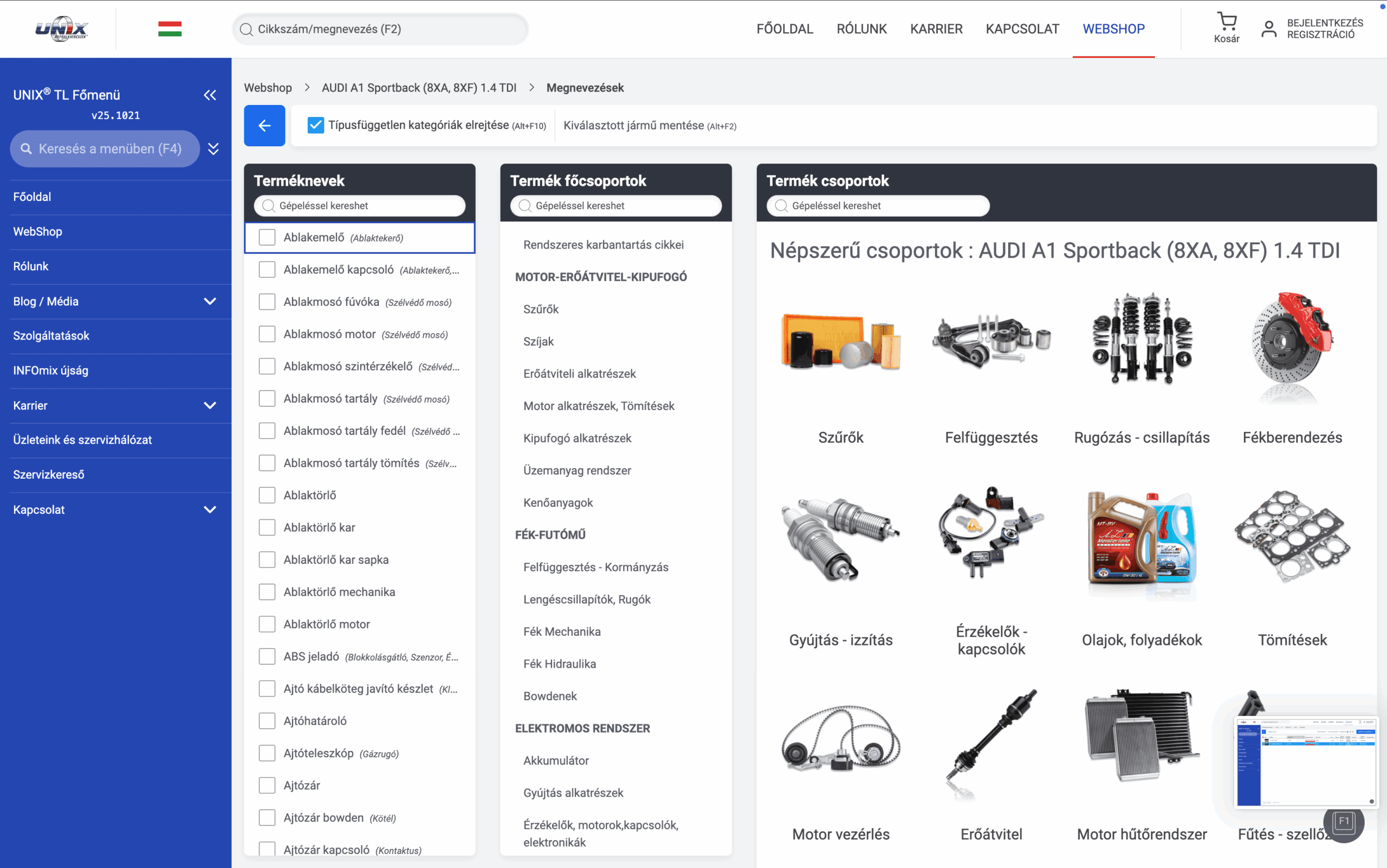 UNIX autó webáruház — 1. képernyő