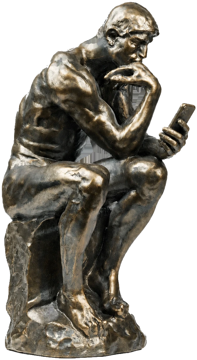 Rodin Gondolkodója telefonnal a kezében – bronz szobor